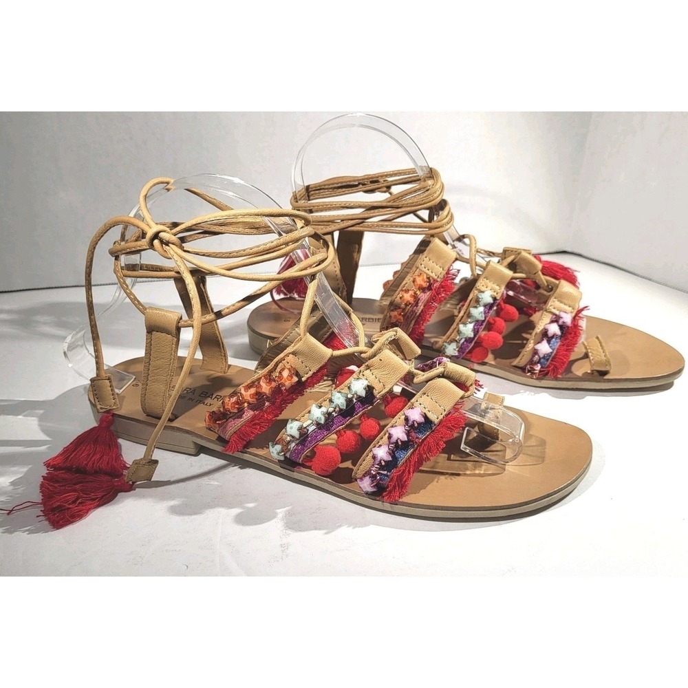 Barbara Barbieri Italian Leather Gladiator Sandals Boho Beaded Tassel PomPom 9.5